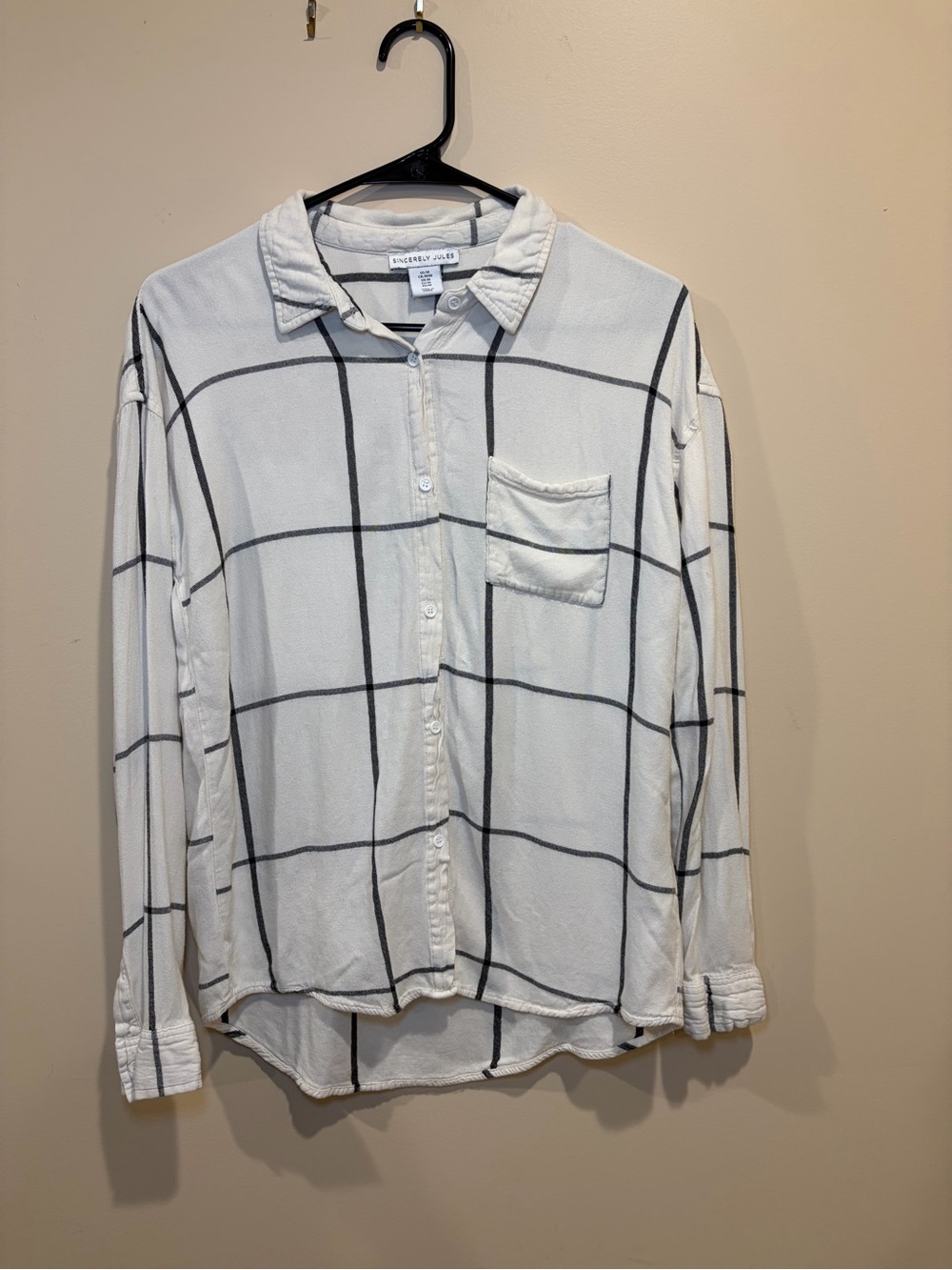 Sincerely Jules White Button-Down Shirt with Black Windowpane Grid, Women’s Med.